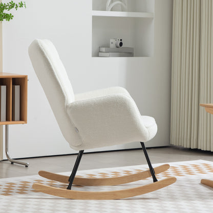 HOMCOM Schaukelstuhl in Vliesoptik mit Armlehnen, Ergonomischer Sessel mit Holzkufen, für Wohnzimmer, Schlafzimmer, Weiß