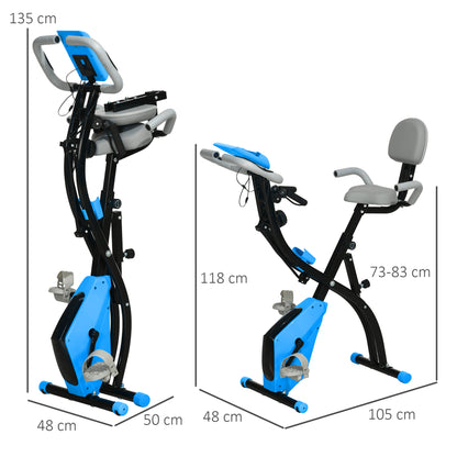 HOMCOM Heimtrainer X-Bike 2-in-1 Fahrradtrainer mit LCD-Display,Pulsmesser, klappbarer Hometrainer Trimmrad mit 8 stufig Magnetwiderstand, 1 Paar Spannseil, Stahl Blau 105x48x118 cm