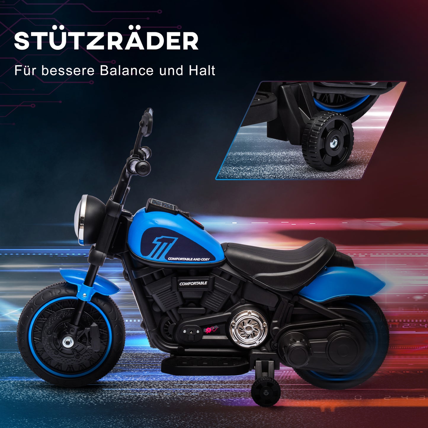 HOMCOM Elektrisches Kindermotorrad, Elektrisches Kinderfahrzeug, mit Scheinwerfer, 3 km/h, Blau + Schwarz