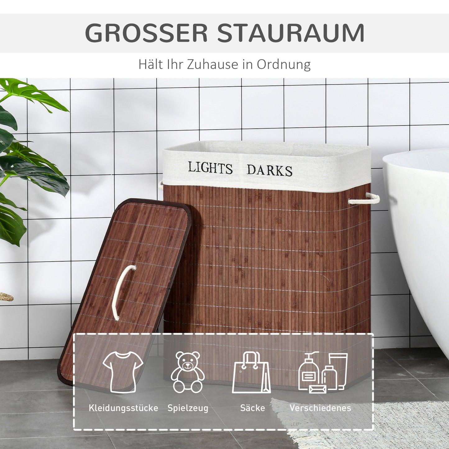 HOMCOM Bambus Wäschekorb schmal mit Deckel 100L Wäschesammler mit Griffen, 2 herausnehmbarer Wäschesack, Laundry Baskets Wäschebox für Waschküche, Schlafzimmer, Badezimmer Braun