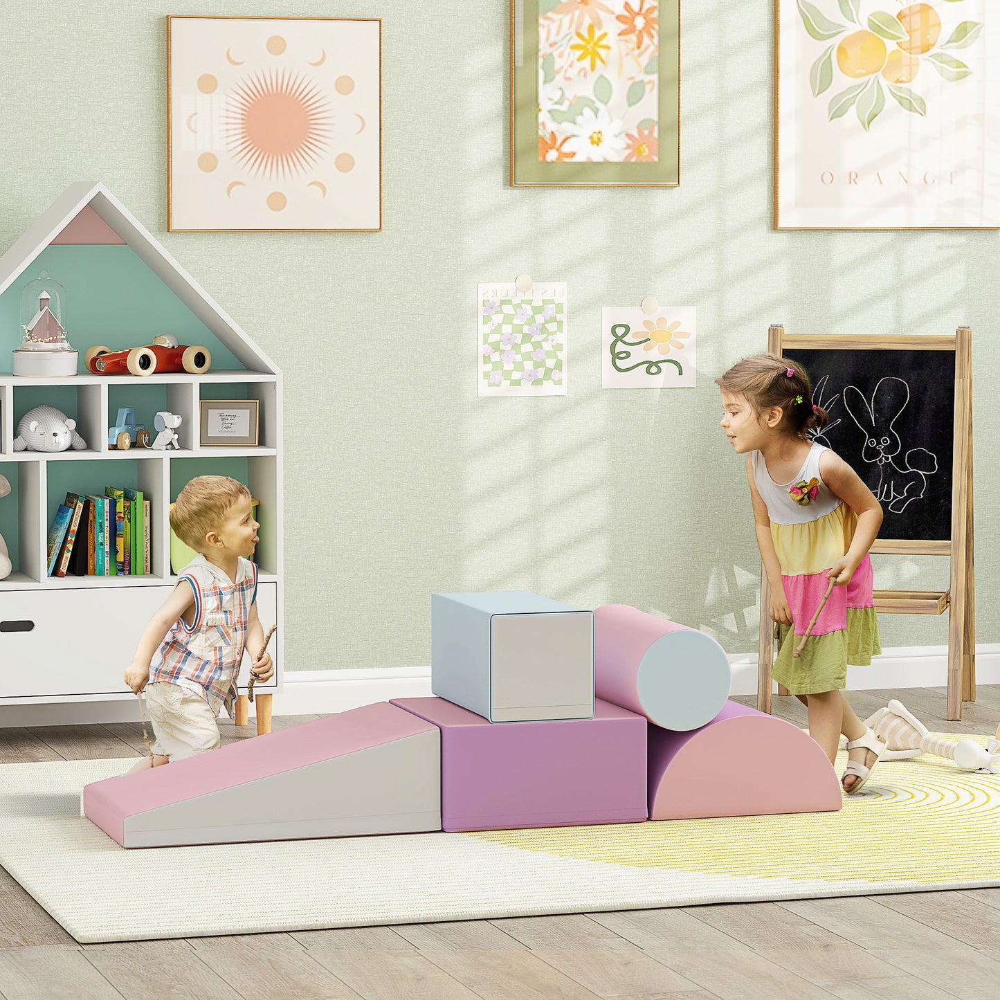 HOMCOM Softbausteine, 5er-Set Schaumstoff-Bausteine für Kinder im Alter von 1-3 Jahren, Kunstleder, Mehrfarbig