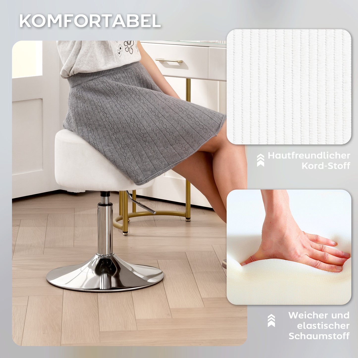 HOMCOM Barhocker, Gepolstert Barstuhl mit Metallgestell, Cordoptik, Höhenverstellbar 360° Drehbar Weiß