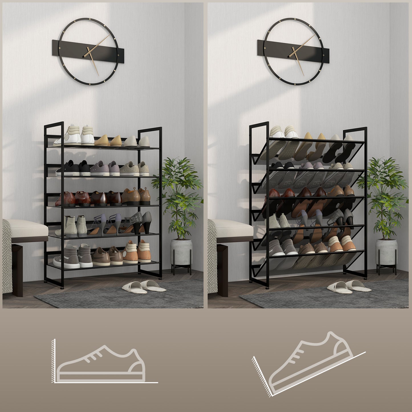 HOMCOM kleines Schuhregal Schuhablage Schuhständer hoch schmal, 5 Regale, 72 cm x 30 cm x 102 cm, Schwarz
