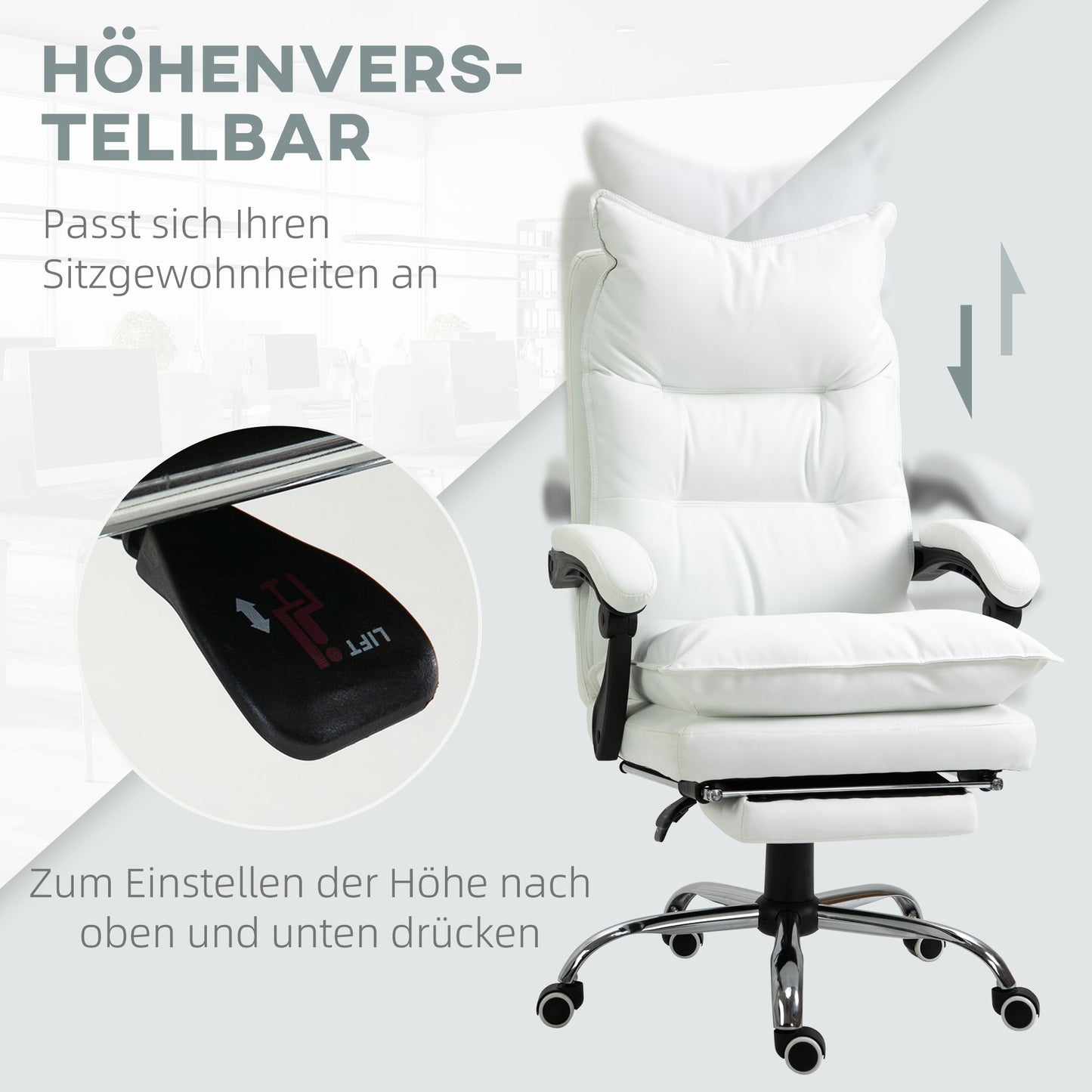 Vinsetto Bürostuhl mit Liegefunktion, ergonomisch höhenverstellbar mit Fußstütze, gepolstert, bis 135 kg belastbar, 66 x 72 x 122-130 cm, Weiß