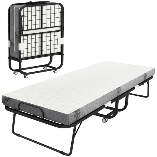 HOMCOM Klappbett 80x200 cm Erwachsene Gästebett Klappbar mit 10cm Dicker Schaumstoff Reisebett mit Stahlrahmen Feldbett mit Rollen bis 150 kg belastbar Einzelbett