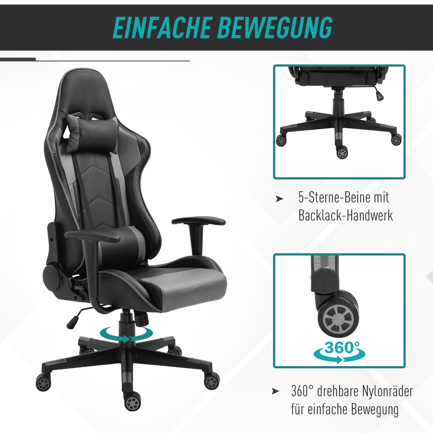 Vinsetto Ergonomischer Bürostuhl, Gaming Stuhl, Drehstuhl, Kunstleder, Schaumstoff, Schwarz, 67,5 x 74x 126-136 cm