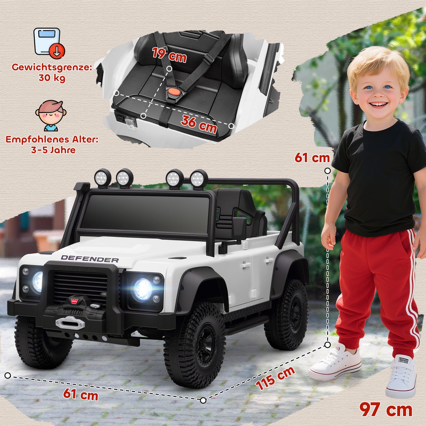 AIYAPLAY Kinder-Elektroauto, 12V Batterie-Betrieb, Fernbedienung, Musik-Funktion, Hupe, LED-Lichter, Weiß