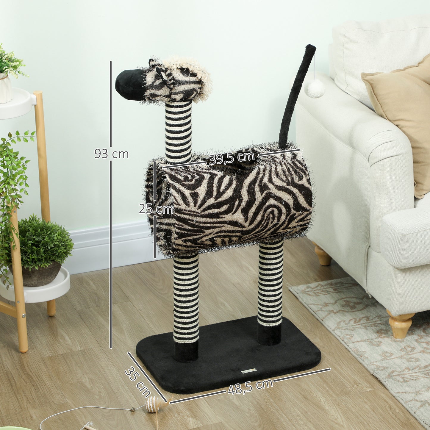 PawHut Kratzbaum im Zebra-Design, 1 Katzentunnel, 3 Kratzstämme 48,5 cm x 35 cm x 93 cm, Schwarz + Weiß