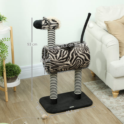 PawHut Kratzbaum im Zebra-Design, 1 Katzentunnel, 3 Kratzstämme 48,5 cm x 35 cm x 93 cm, Schwarz + Weiß