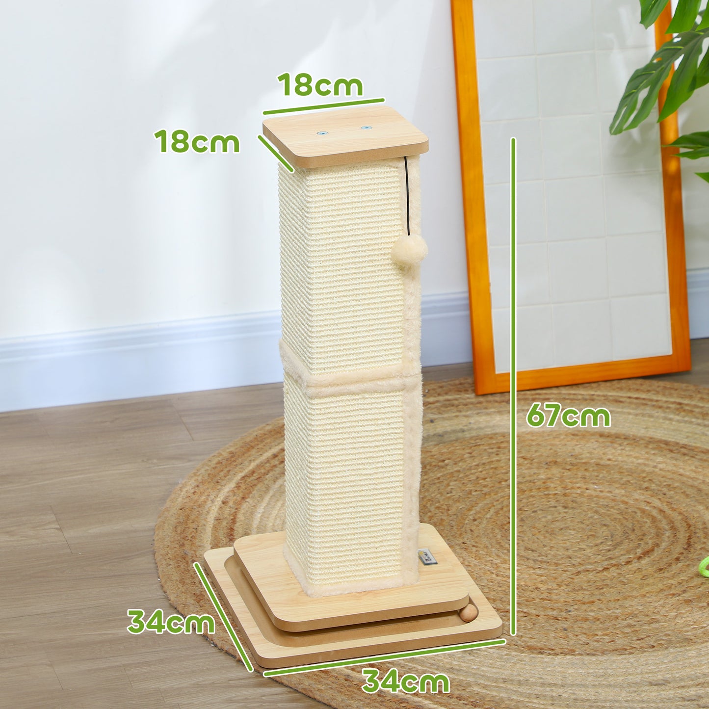 PawHut 3-in-1-Kratzbaum mit Spielschiene, Spielball, Sisal, bis 5 kg, 34 x 34 x 67 cm, Eiche/Creme