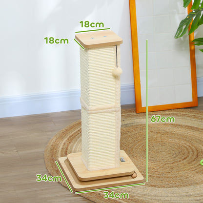 PawHut 3-in-1-Kratzbaum mit Spielschiene, Spielball, Sisal, bis 5 kg, 34 x 34 x 67 cm, Eiche/Creme
