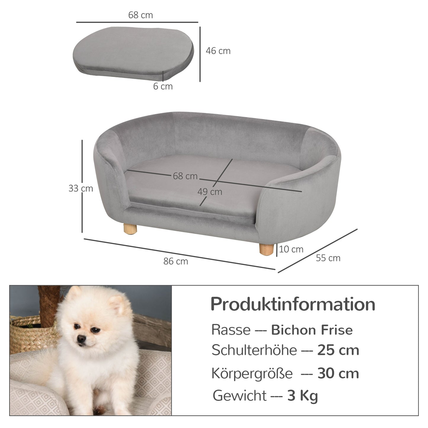 PawHut Haustiersofa Hundesofa Hundebett mit Holländischer Samt Schaumstoff Birke Bein für Katzen Hunde 86 x 55 x 33 cm Hellgrau