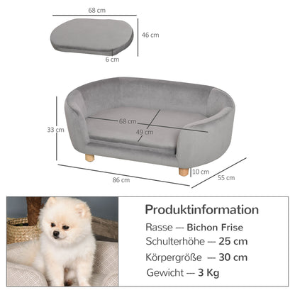 PawHut Haustiersofa Hundesofa Hundebett mit Holländischer Samt Schaumstoff Birke Bein für Katzen Hunde 86 x 55 x 33 cm Hellgrau