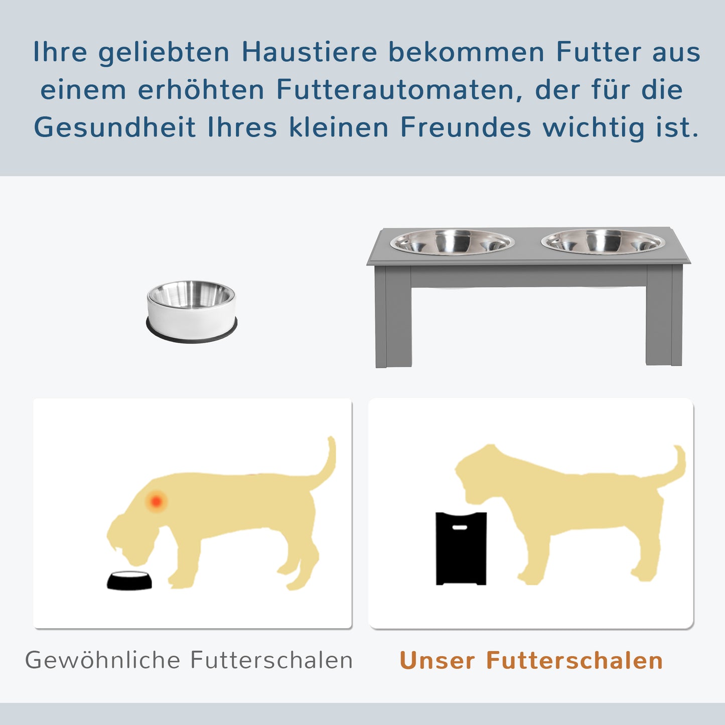 PawHut Hunde-Futterstation، rutschfest، 44x24x15 سم، Grau، 0,9L pro Napf
