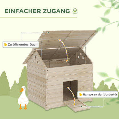 PawHut Entenhaus mit aufklappbarem Kippdach, Geflügelhaus mit erhöhten Boden und Rampe, Tannenholz, 100 x 82,5 x 91 cm