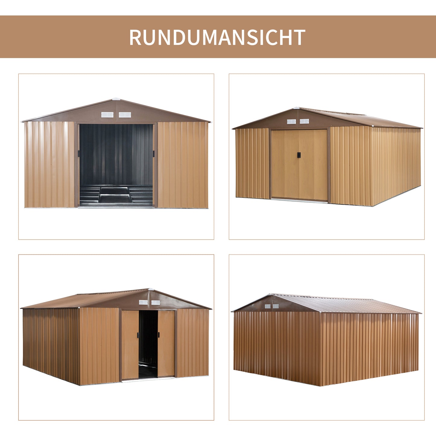Outsunny Stahl Gerätehaus 20m³ Geräteschuppen Gartenhaus Fahrradschuppen Garten Schuppen Braun 340 x 386 x 200 cm