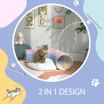 PawHut Katzentunnel Katzenspielzeug, 2 Spielzeuge, 1 Liegepolster, verspieltes Design, 105 cm x 65 cm x 28 cm, Mehrfarbig
