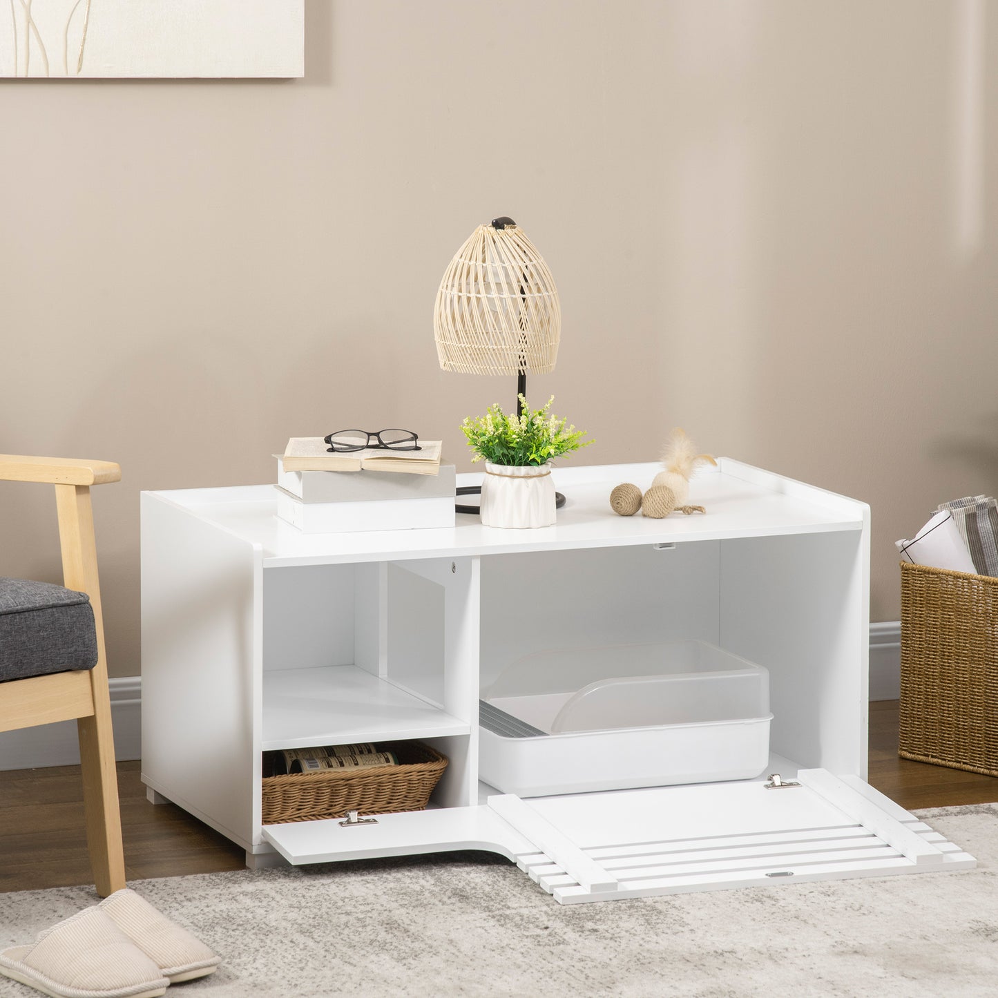 PawHut Katzenschrank mit 2 Regalen 2-in-1 Design Magnettür Weiß