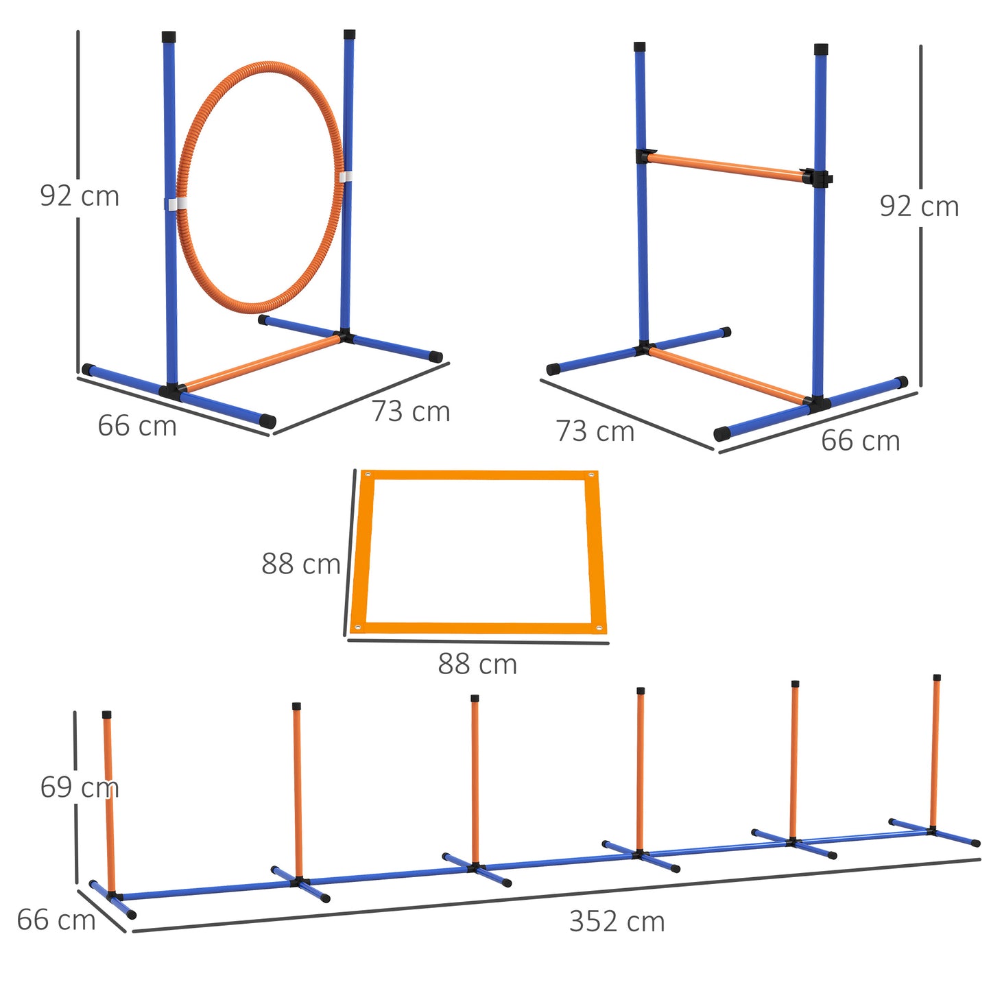PawHut Hunde-Agiliy-Set Hundeparcours, 1 Reifen, 1 Hürde, 1 Slalom-Set, 352 cm x 66 cm x 69 cm, Blau + Rot