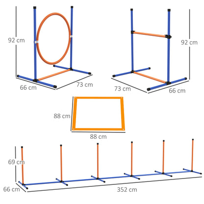 PawHut Hunde-Agiliy-Set Hundeparcours, 1 Reifen, 1 Hürde, 1 Slalom-Set, 352 cm x 66 cm x 69 cm, Blau + Rot