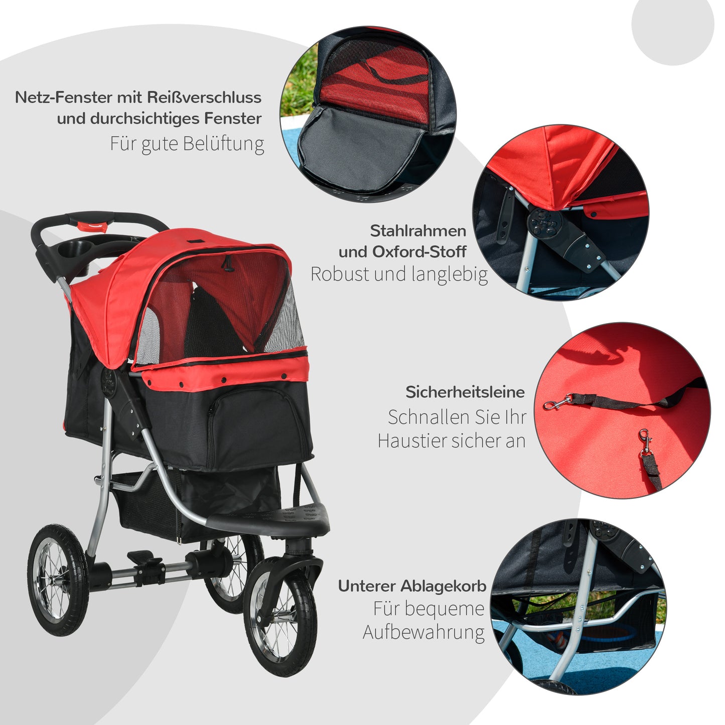 PawHut Hundewagen Hundebuggy mit 3 Rädern klappbar bis 10 kg Oxford Rot+Schwarz 109,5 x 54,5 x 106,5 cm