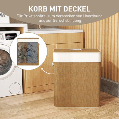 HOMCOM Bambus Wäschekorb mit Deckel 2 Fächer 100 L Wäschesammler mit Seilgriffen, herausnehmbarer Wäschesack