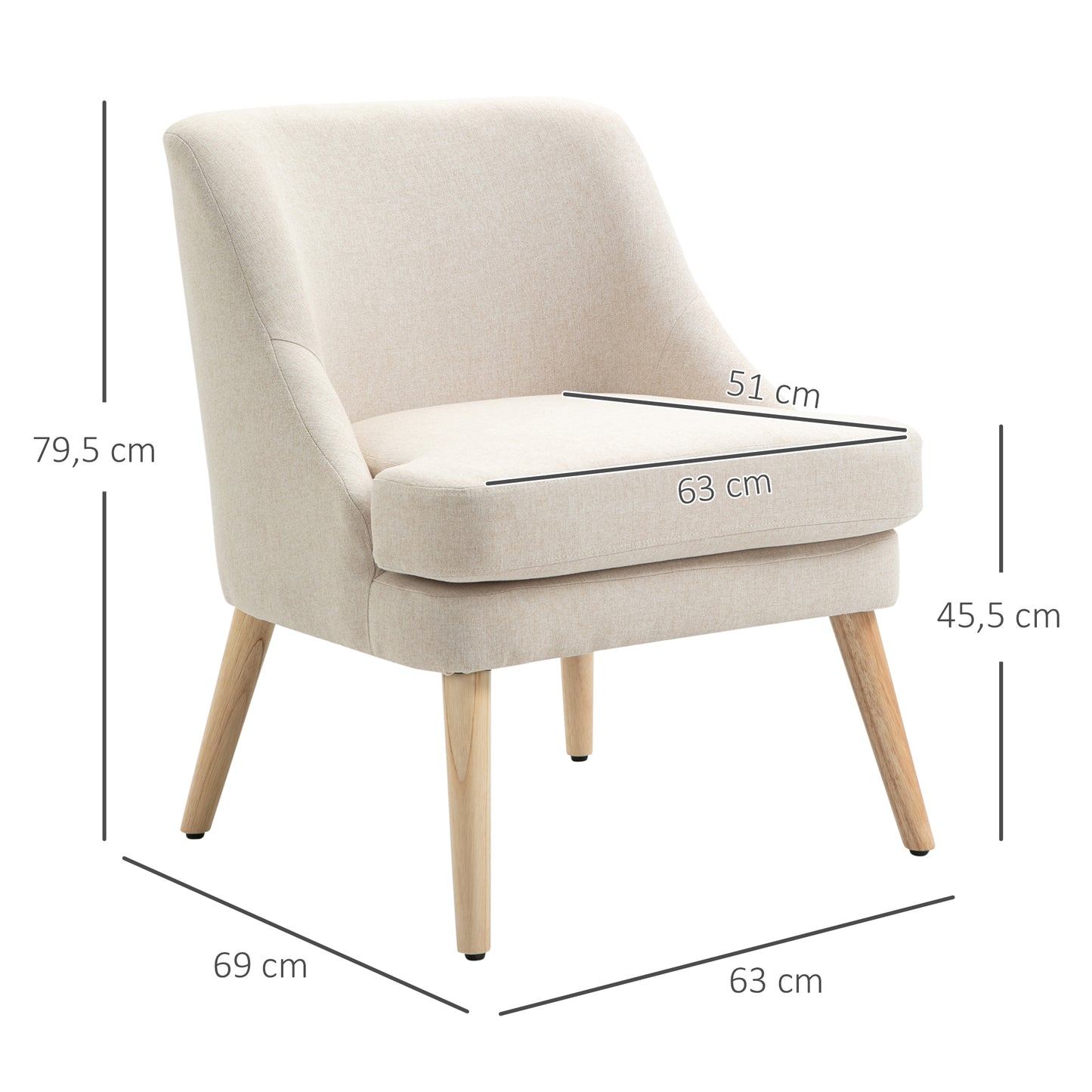 HOMCOM Sessel Loungesessel mit Leinenoptik, Armlehne, Gepolstert Relaxsessel mit Holzbeine, für Wohnzimmer, Schlafzimmer, Cremeweiß