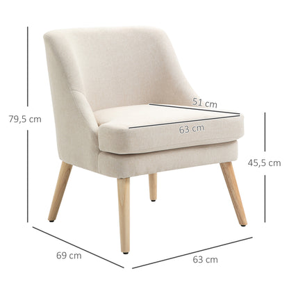 HOMCOM Sessel Loungesessel mit Leinenoptik, Armlehne, Gepolstert Relaxsessel mit Holzbeine, für Wohnzimmer, Schlafzimmer, Cremeweiß