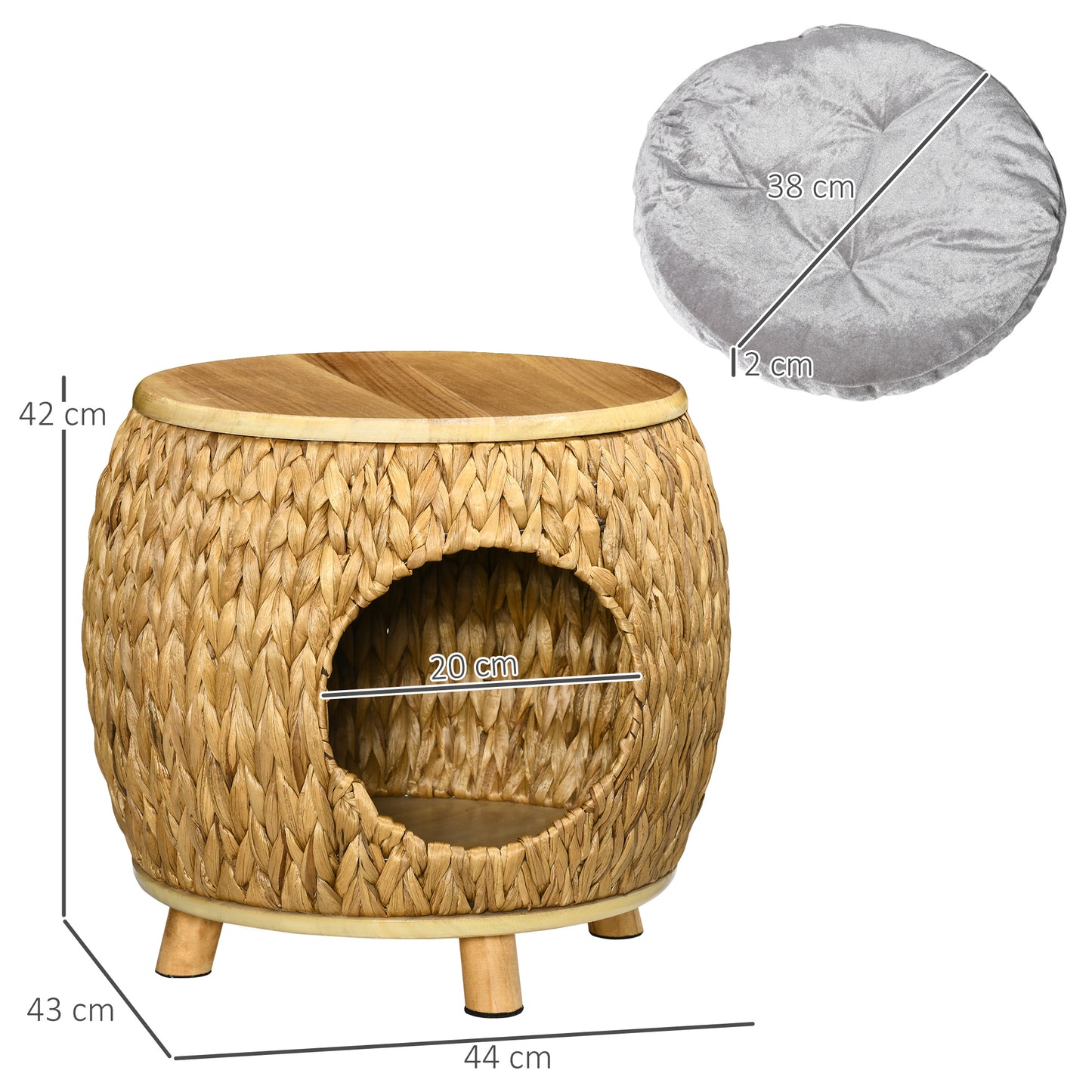 Pawhut Katzenhöhle aus Wasserhyazinthengras, waschbares Kissen, 44 cm x 43 cm x 42 cm Hellbraun+Naturholz+Grau