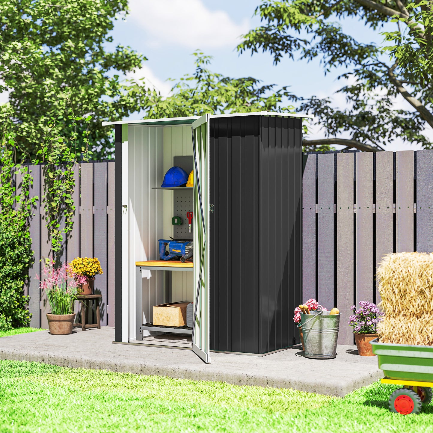 Outsunny Metall Gerätehaus 1,07 m² mit Schrägdach, 142 x 84 x 189 cm Geräteschuppen mit abschließbar Tür, Garten Schuppen, Gartenhaus Dunkelgrau