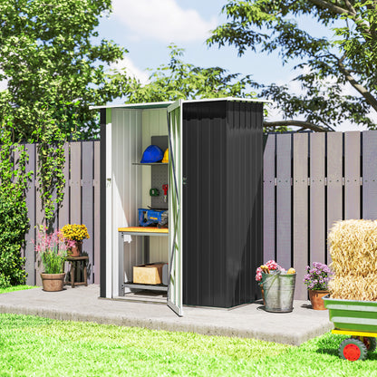 Outsunny Metall Gerätehaus 1,07 m² mit Schrägdach, 142 x 84 x 189 cm Geräteschuppen mit abschließbar Tür, Garten Schuppen, Gartenhaus Dunkelgrau