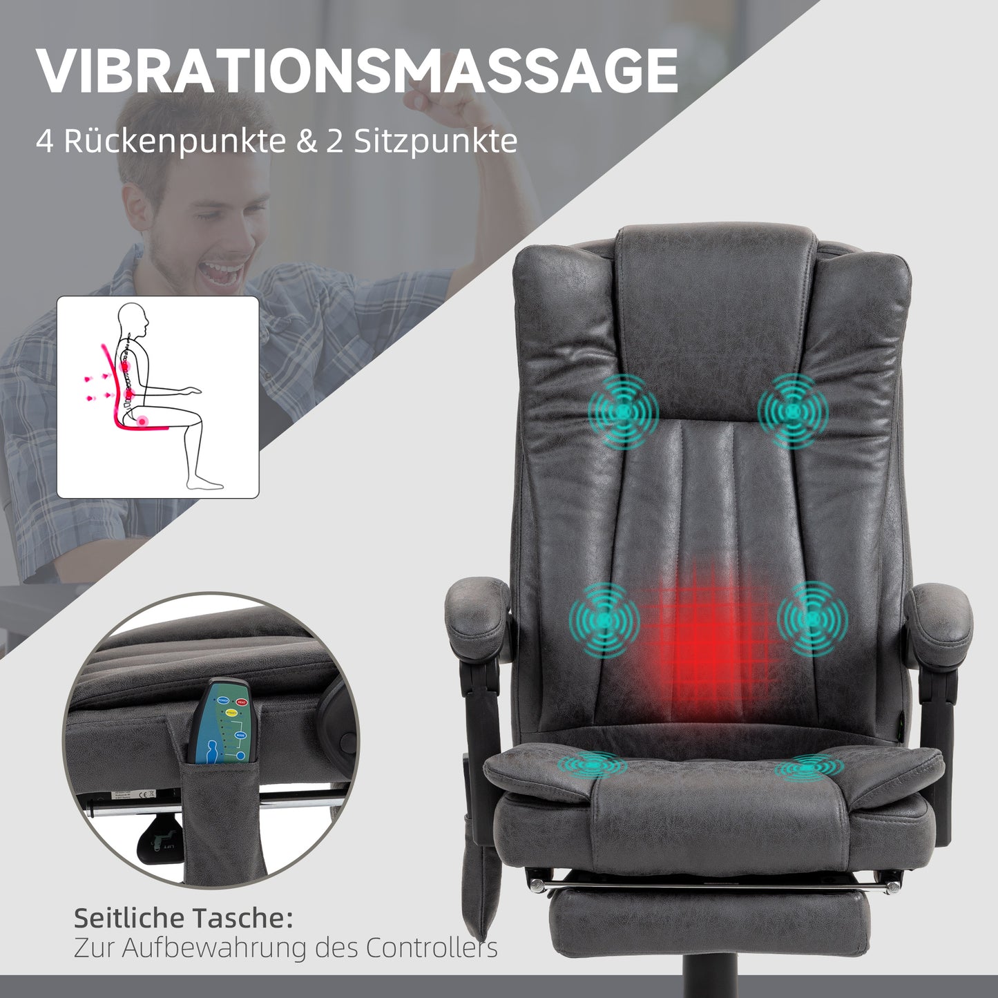 Vinsetto Chefsessel mit Massage- und Wärmefunktion، Fußstütze، verstellbar، مكرر 120 كجم، غراو