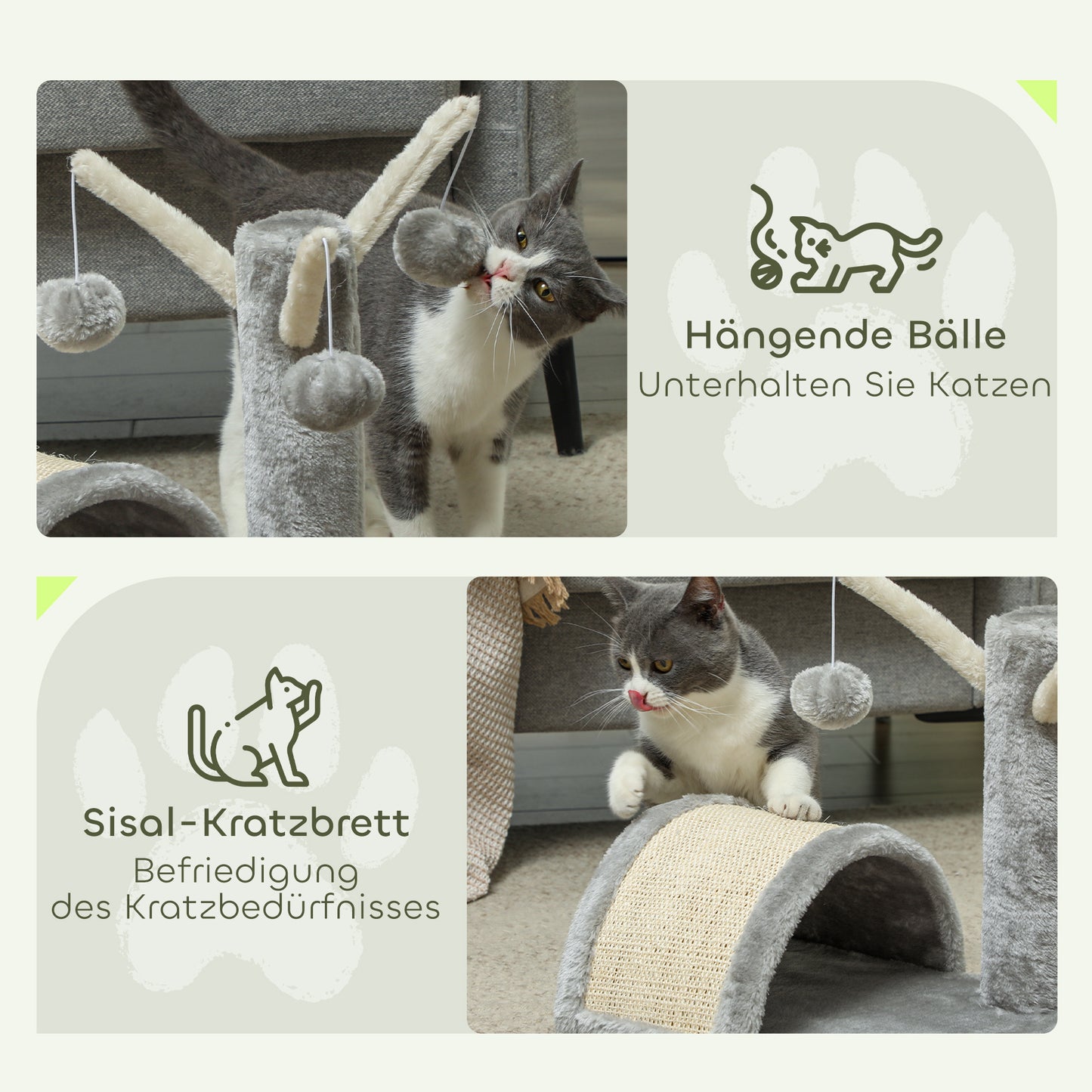 PawHut Kratzbaum 40 cm Kleiner Katzenturm mit Höhle, 2 Spielball, Kratzmatte, Katzenkratzbaum, Kletterbaum, für kleine & große Katzen, Hellgrau