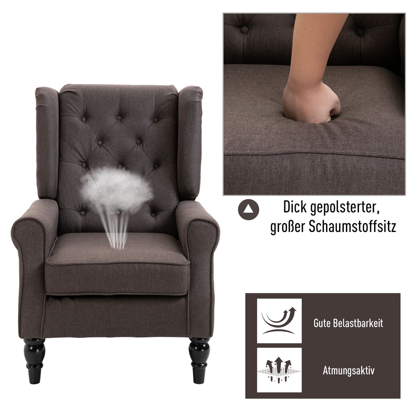 HOMCOM Ohrensessel Sessel mit Tufting, hoher Rückenlehne, Gepolstert Loungesessel mit abgerundeten Armlehnen, Holzbeine, für Schlafzimmer, Wohnzimmer, bis 160 kg, Braun