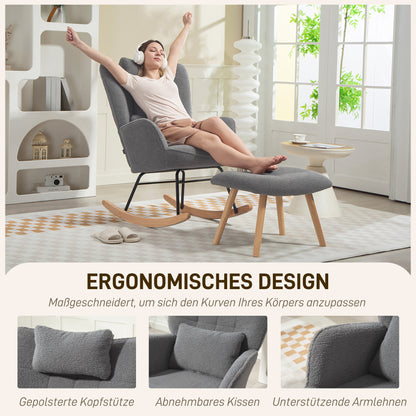 HOMCOM Schaukelstuhl mit Fußhocker، Weicher Fleece-Bezug، Holzbeine، Kissen، hohe Rückenlehne، Schaukelsessel، Dunkelgrau