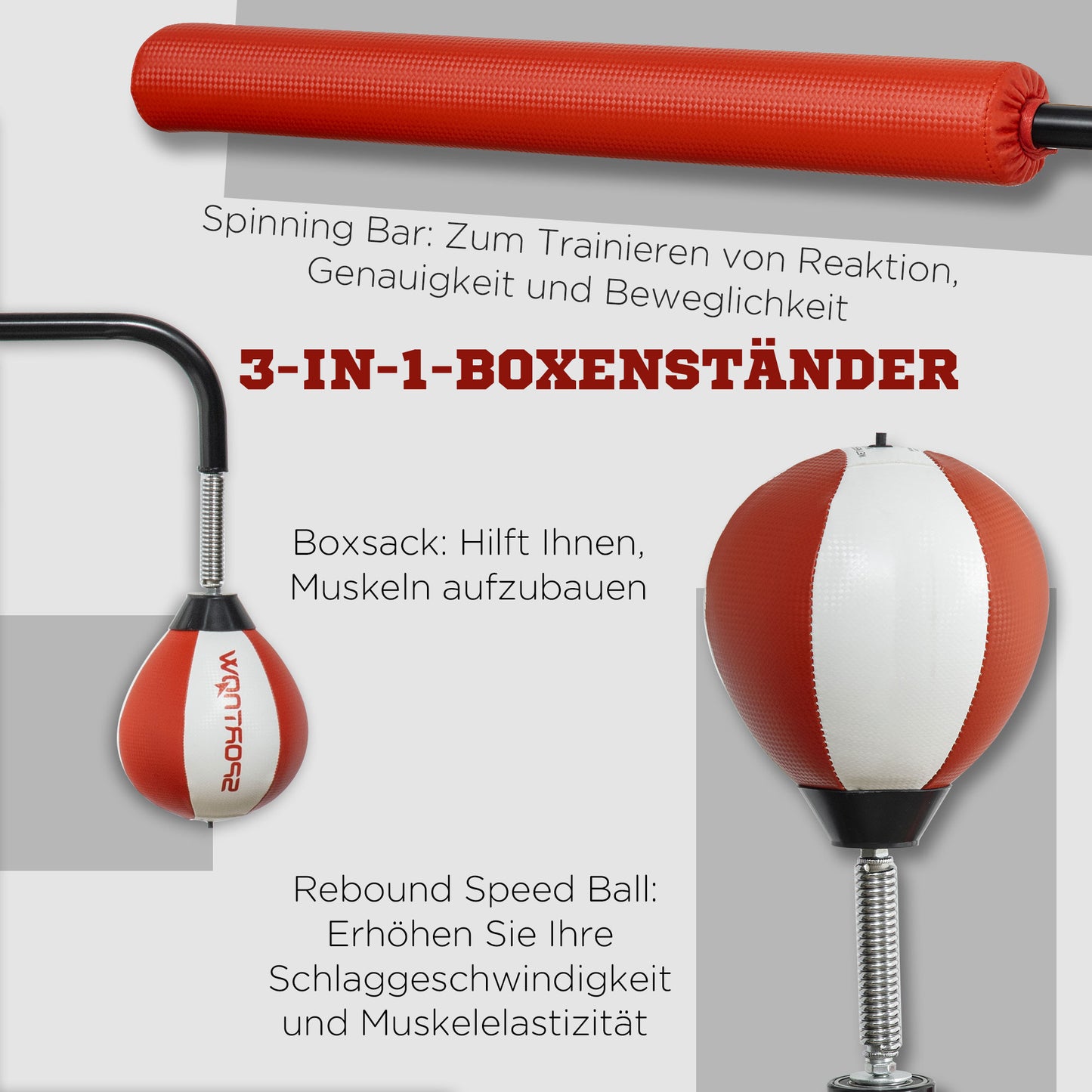 SPORTNOW Boxstand, zwei Speedballs, drehbare Boxstange, Kickpolster, höhenverstellbar, Stahl, 107 x 36 x 140-205cm