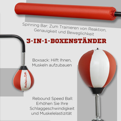 SPORTNOW Boxstand, zwei Speedballs, drehbare Boxstange, Kickpolster, höhenverstellbar, Stahl, 107 x 36 x 140-205cm
