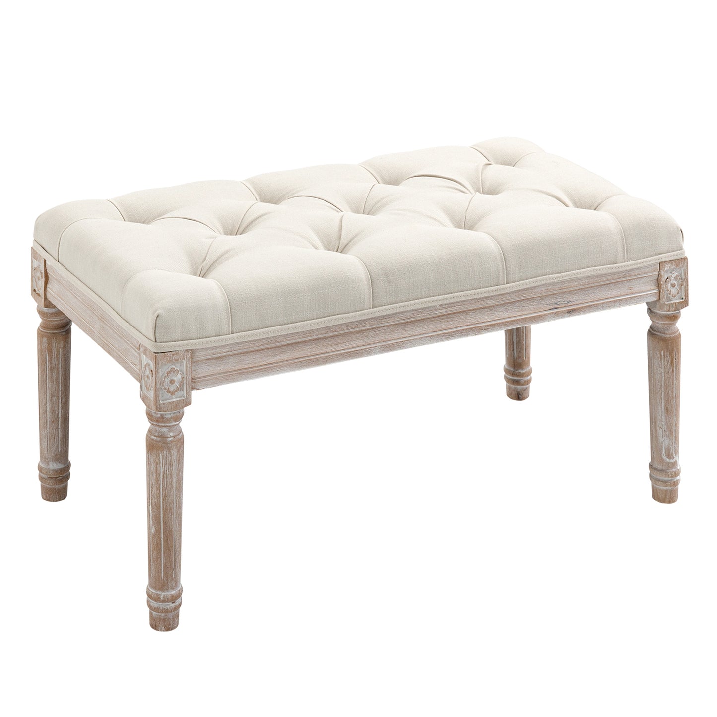 HOMCOM Gepolsterter Sitzhocker, Polsterbank, Fußhocker, Holz und Stoffbezug in Leinenoptik, 80L x 40B x 43H cm, Cremeweiß