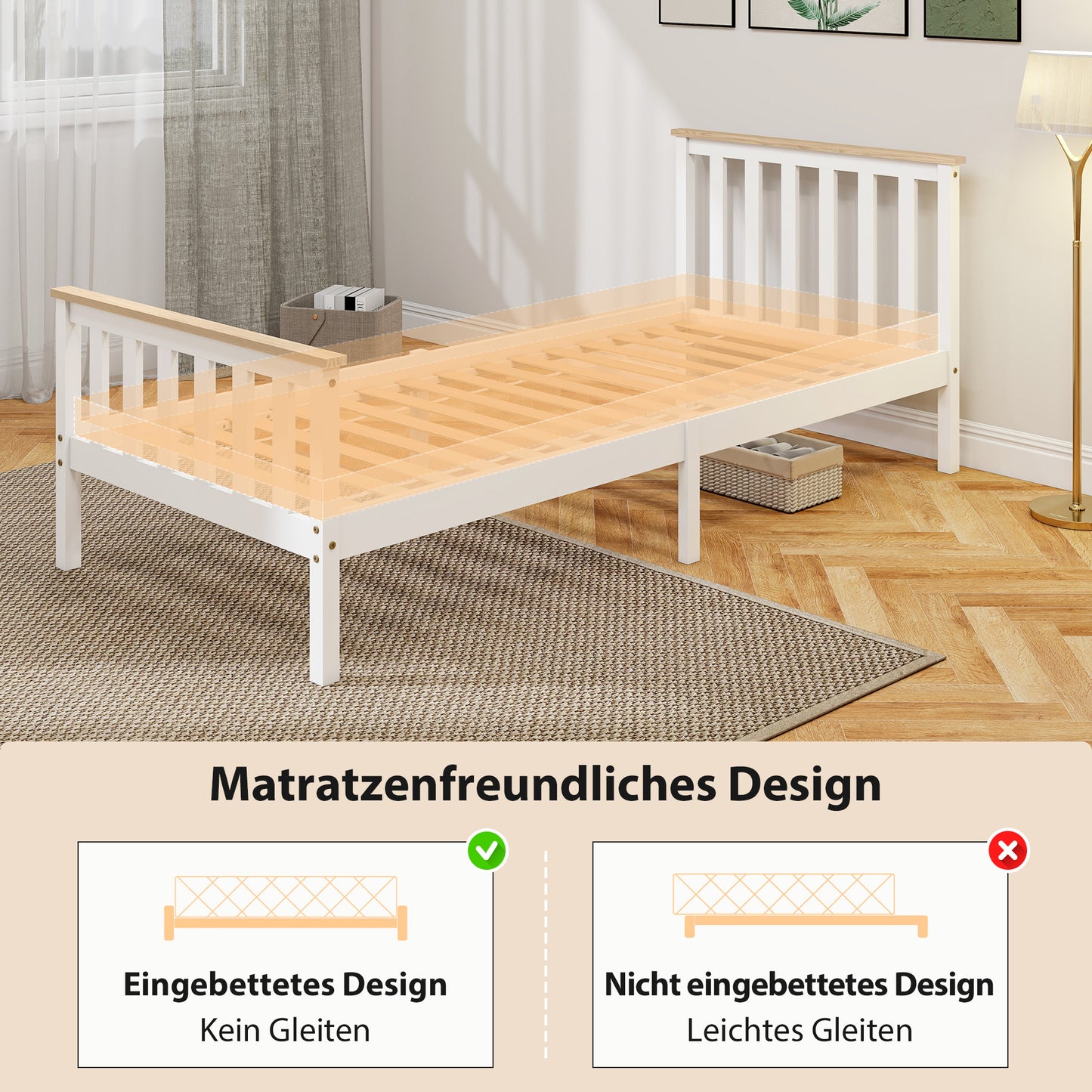 HOMCOM Einzelbettrahmen, Bettrahmen aus Holz, unterer Stauraum, Naturholz, Weiß