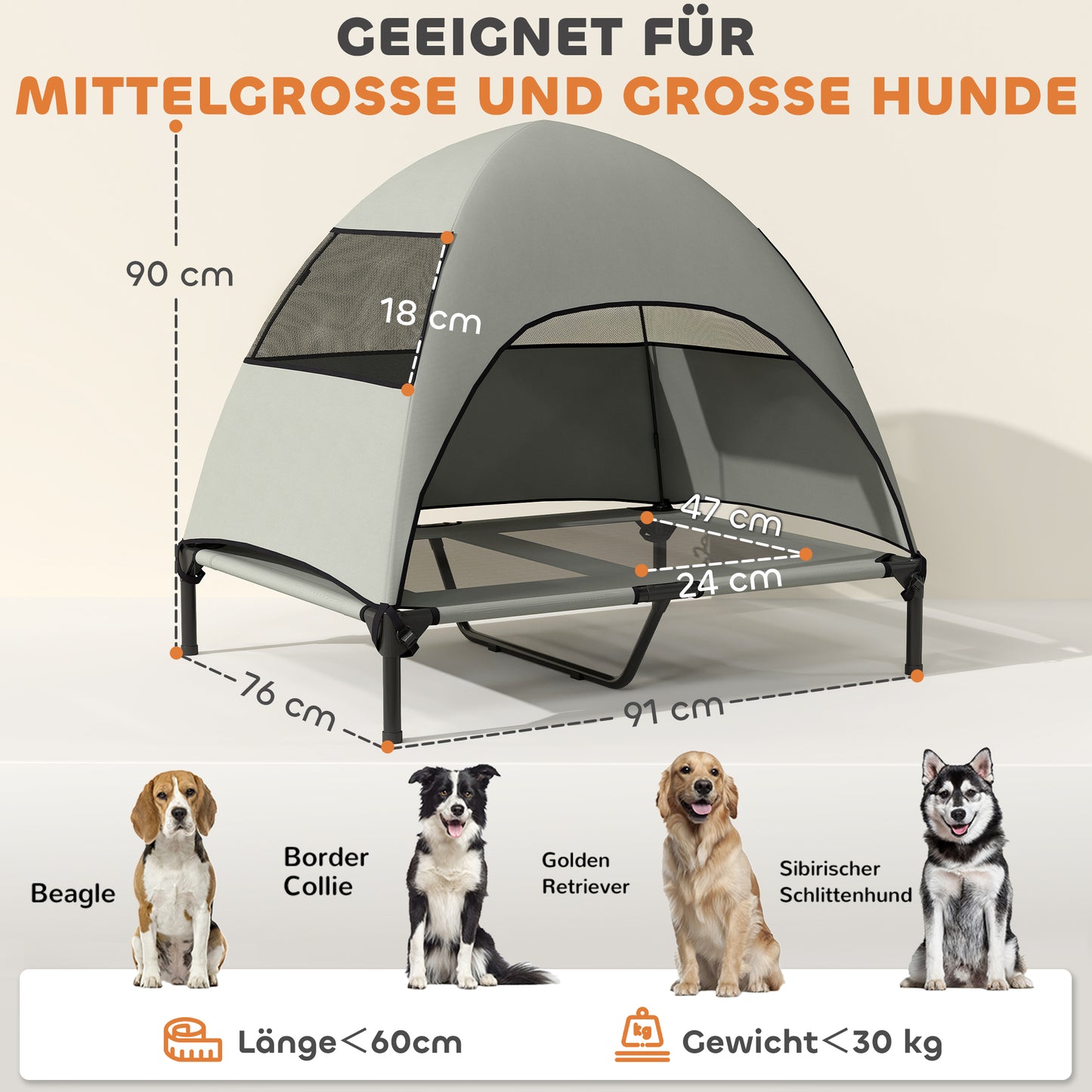 PawHut Hundeliege Outdoor mit Dach, Erhöhtes Hundebett für Große Hunde, 91 x 76 x 90 cm, Hellgrau