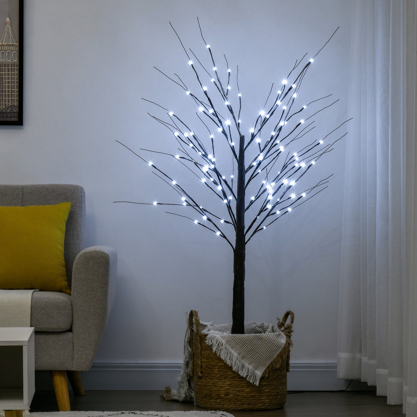 HOMCOM Künstliche Birke mit LED-Beleuchtung, 96 warmweiße Mikro-LEDs, 150 cm, Braun