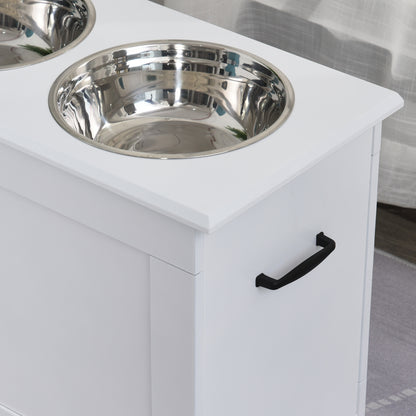 PawHut Erhöhter Hundenapf Futternapf mit Staumraum Wassernapf 2 x 2000ml Edelstahlnäpfen Hundenäpfe Fressnapf Futterstation für Hunde Katzen Weiß