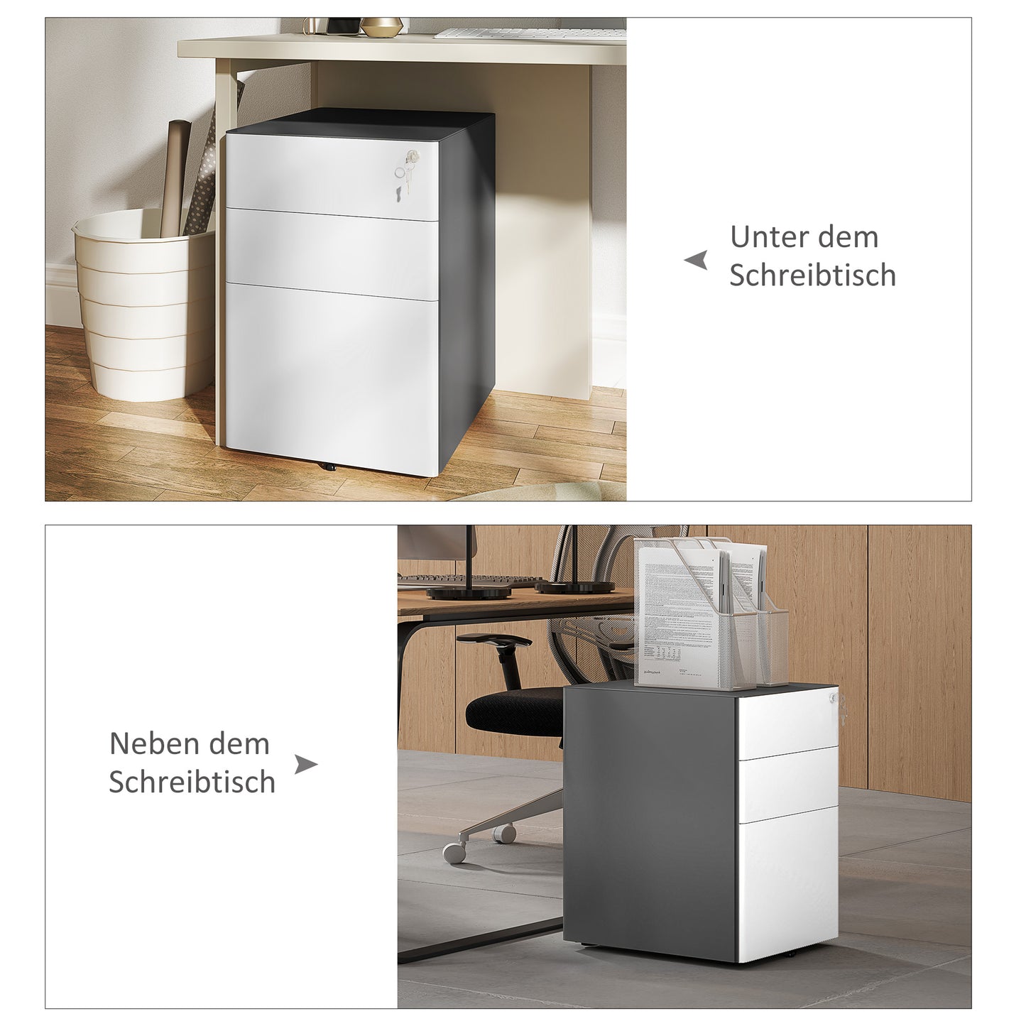 Vinsetto Aktenschrank, Rollcontainer, 3 Schubladen & Hängeregister, Schloss, Stahlgehäuse, 39x48x59 cm, Weiß+Grau