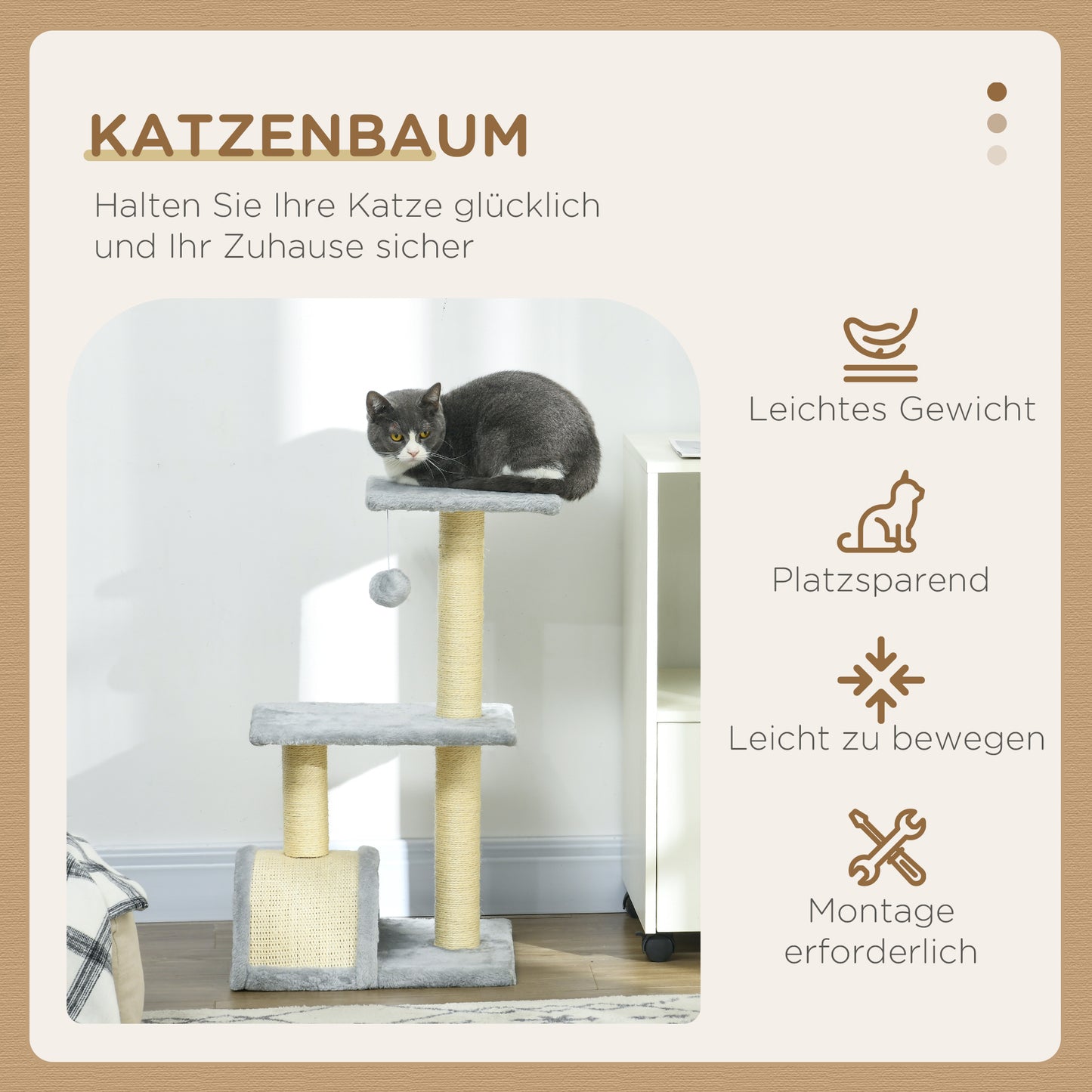 PawHut Kratzbaum 72 سم Katzenturm mit Plüschballen، Sisalstämme، Plattform، Kratzbrett Hellgrau