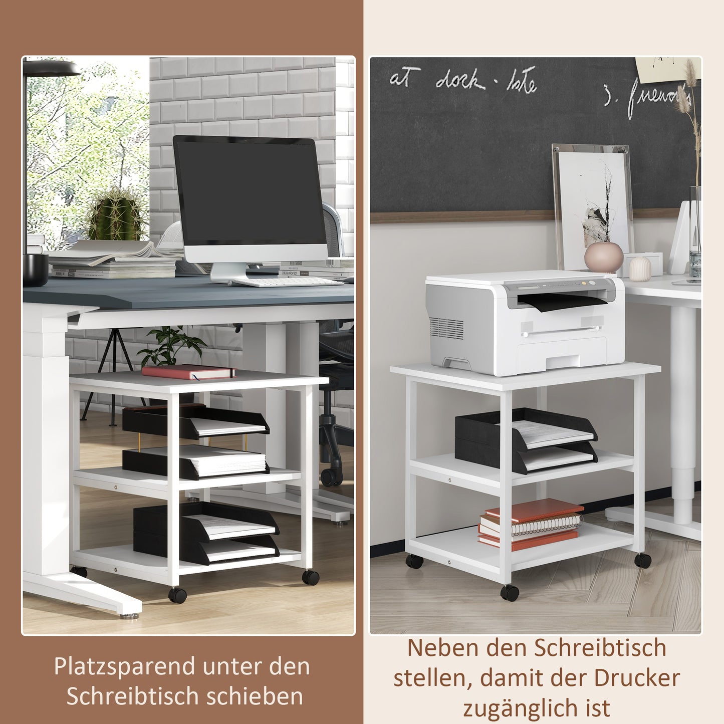 HOMCOM Druckertisch mit Rolle, Druckerständer mit 3-Ebene, Druckerhalter Stahl, 50 x 50 x 52,5 cm