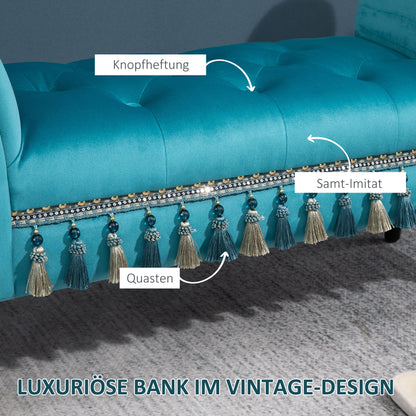 HOMCOM Sitzbank Polsterbank mit Samt-Bezug, Armlehne Bettbank mit Holzrahmen, Schuhbank für Schlafzimmer, Wohnzimmer, Flur 117 x 40 x 58 cm Blau