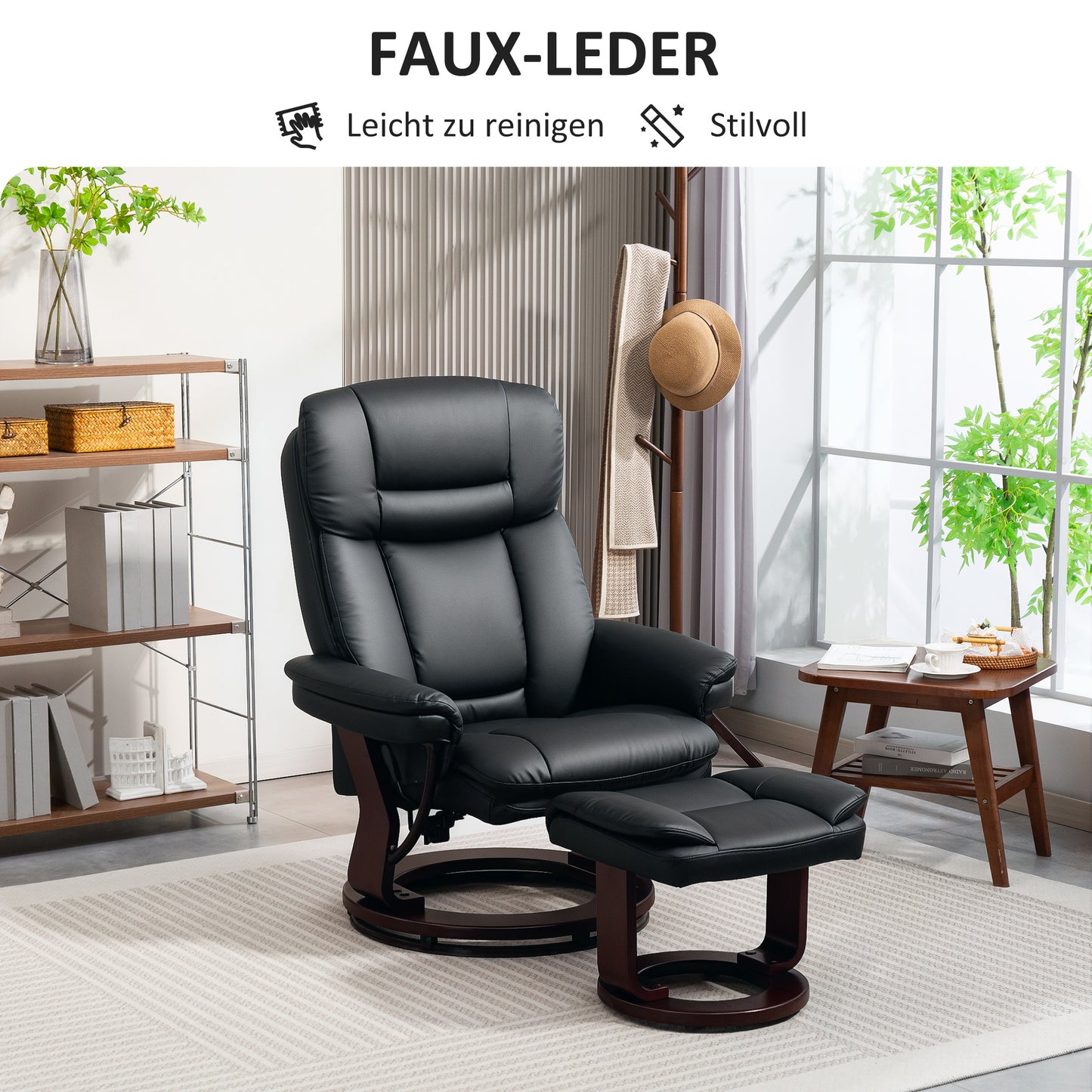 HOMCOM Relaxsessel mit Fußhocker, Verstellbarer Sessel, Kunstleder-Bezug, Polstersessel mit klappbarer Rückenlehne, Schwarz