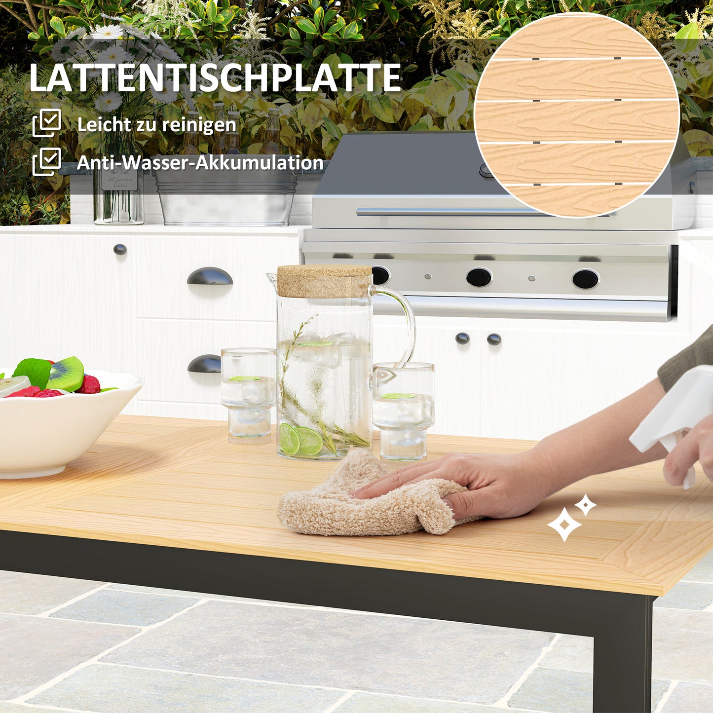 Outsunny Gartentisch für 6 Personen 160 x 80 cm Wetterfest Balkontisch mit Lamellen-Tischplatte, Buffettisch Outdoor Teak