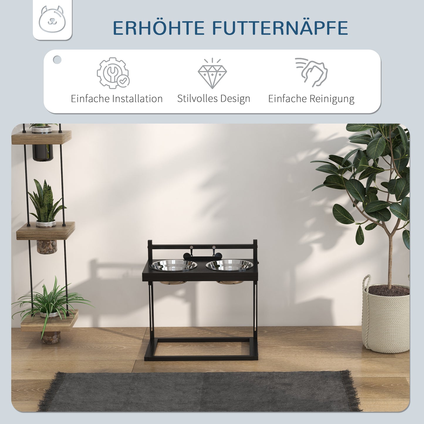 PawHut Futterstation Erhöhte Futternäpfe Fressnäpfe, Futternäpfe aus Edelstahl, 40,5 x 22 x 39 cm, Schwarz + Silber