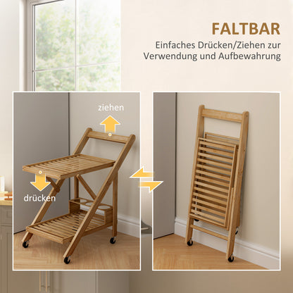 HOMCOM Küchenwagen auf Rädern, Servierwagen mit 3 Weinregalen, 2 Tabletts, für Küche, Esszimmer, Bambusholz, Hellbraun